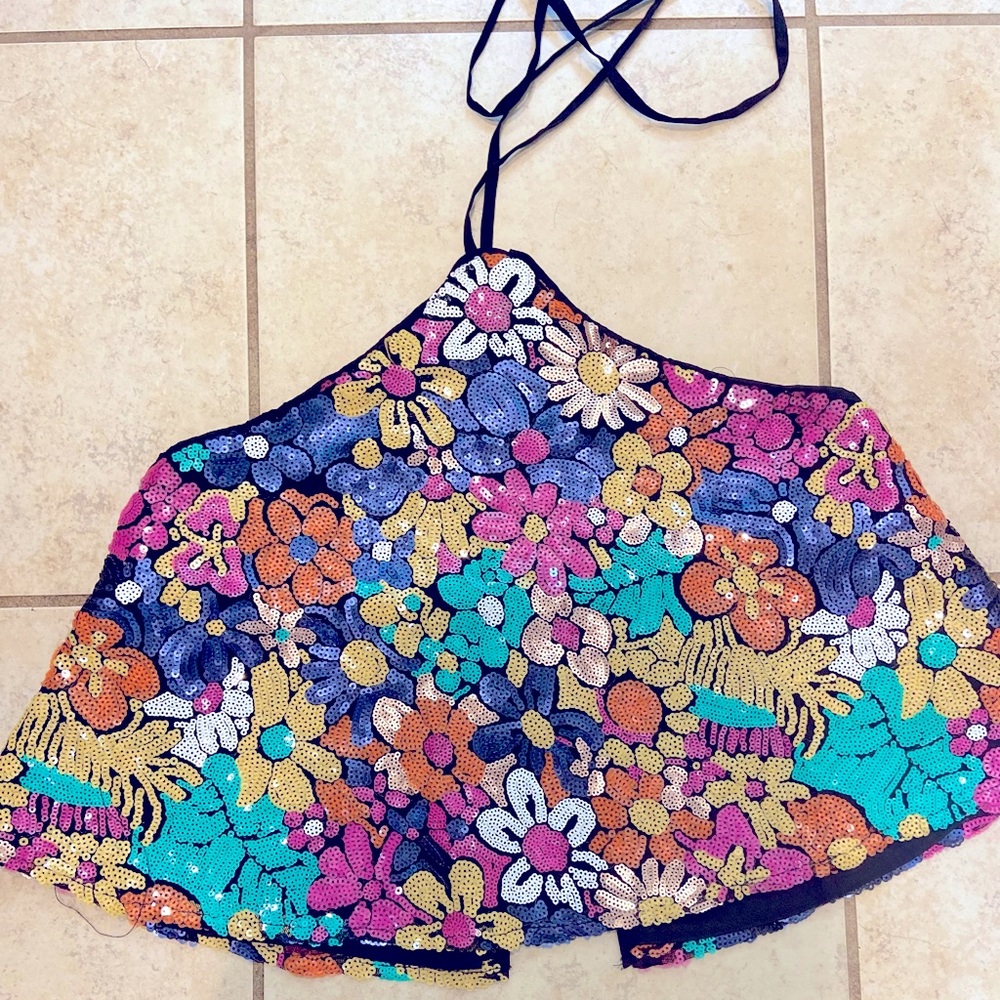 Lovers & Friend colorful sequin tie neck crop top